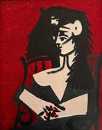 Pablo Picasso - “JACQUELINE A MANTILLE SUR FOND ROUGE,, Antiek en Kunst