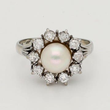 Ring - 18 karaat Witgoud Parel - Diamant, Sieraden, Tassen en Uiterlijk, Ringen, Nieuw