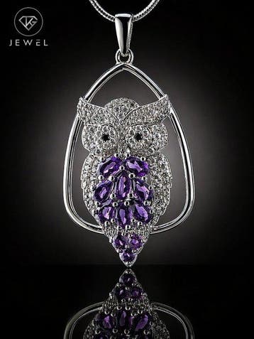 Amethist Uil Ketting – 925 Sterling Zilver Vintage Hanger –