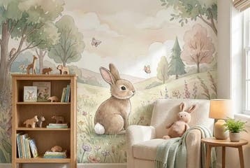 Konijn behang babykamer – bloemen fotobehang op maat, Verzenden, Fotobehang