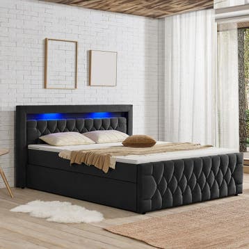 Boxspringbed Leona - 180 x 200 cm - Zwart- Incl. LED verlich, Verzenden, Nieuw