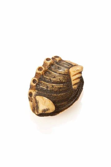 Een verfijnde netsuke van hertengewei die een abaloneschelp