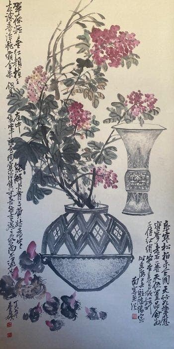 Inkt op papier, Vertical Axis Hanging Scrolls - Papier - Wu, Antiek en Kunst