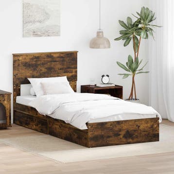 vidaXL Opslag bed met lade Gerookt eiken 90 x 200 cm Bewerkt, Eenpersoons, Bruin, Verzenden, Nieuw