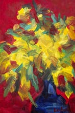 Vitaly Leshukov Soldatov (1968) - Ramo de mimosa sobre fondo, Antiek en Kunst