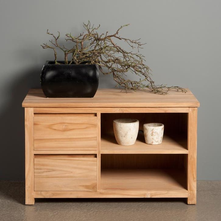 *WOONWINKEL* Tower Living Corona Hoog Tv-meubel Teak - 2 Lad, Huis en Inrichting, Kasten | Televisiemeubels, Nieuw, Verzenden