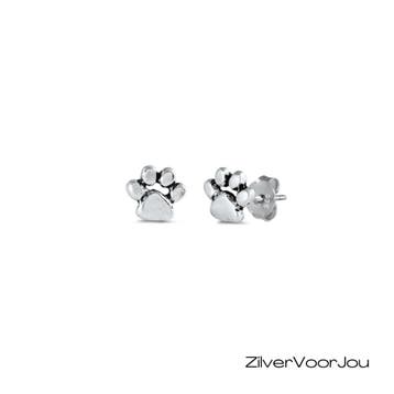 Zilveren pootadruk kat oorstekers, Verzenden, Nieuw, Zilver