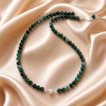 Parel - Zilver - Halsketting - Akoya parel, smaragd