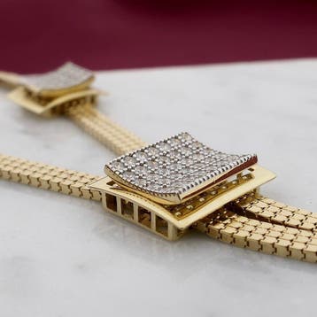 Gouden platte slangenschakel collier met zirconia (Ketting), Gebruikt, Ophalen of Verzenden, Met edelsteen, Goud