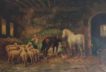 Antonio Milone (1834-1919) - Interno di stalla con animali e