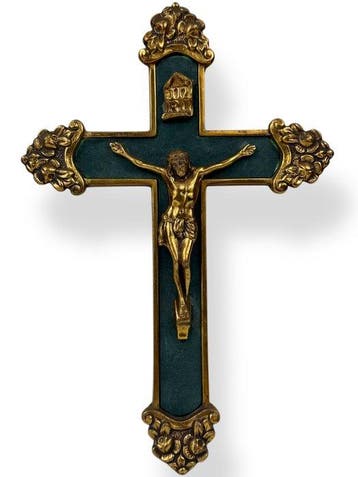 Crucifix - Verguld messing - 1940-1950 - Spaans, Antiek en Kunst, Antiek | Boeken en Bijbels