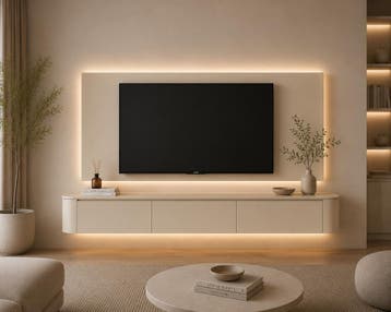 Japandi Tv Meubel zwevend (BEIGE-WALNOOT-WALNOOT TRAVERTIN), Japandi, Nieuw, Ophalen of Verzenden, 200 cm of meer