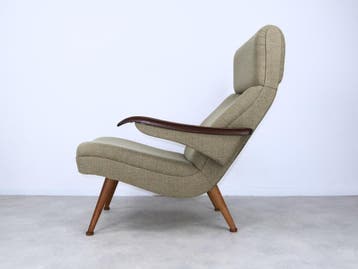 fauteuil lounge organische vormen hout stof 50s 60s, Ophalen, Hout, Gebruikt, Vintage