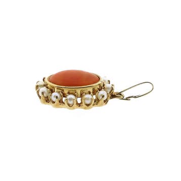 Gouden hanger met bloedkoraal en parel; 14 karaat, Ophalen of Verzenden, Gebruikt, Goud, Overige merken