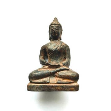 Oud-Indochinese Brons Zittende Boeddha Kraal Reizend