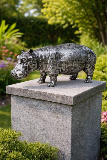Beeld, hippopotamus (hippo) in silver bronze finish - 24 cm