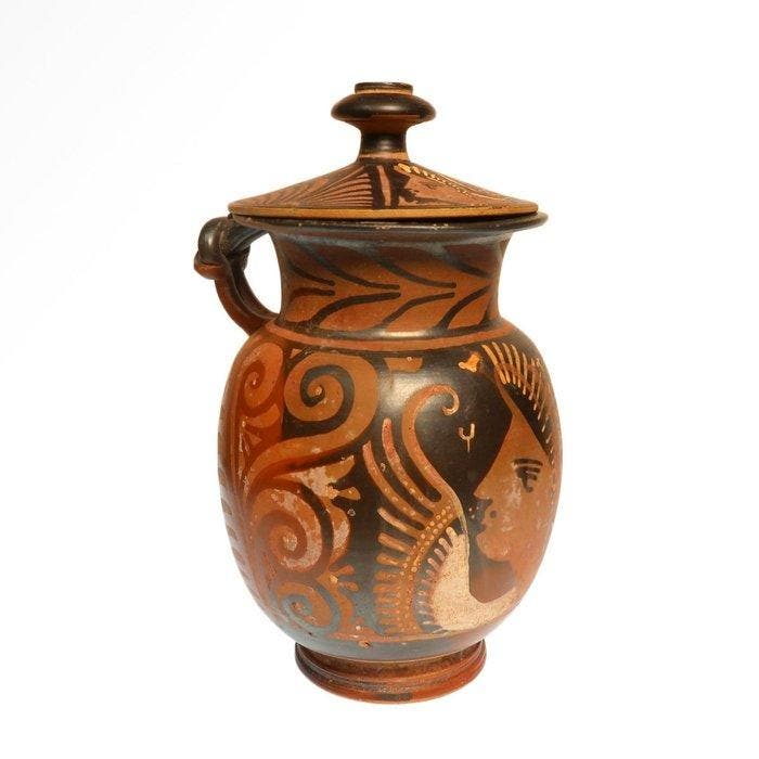 Oud-Grieks Terracotta Rood-figuur mok met deksel, met Nike, Antiek en Kunst, Antiek | Overige Antiek