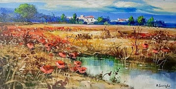 Mario Smeraglia (1950) - Campagna in fiore con papaveri
