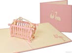 Roze wiegje met baby pop-up geboortekaart meisje, Verzenden, Nieuw