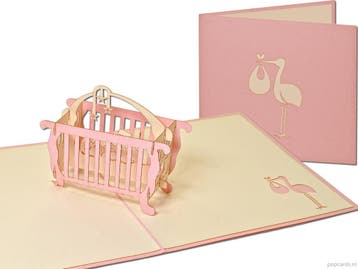 Roze wiegje met baby pop-up geboortekaart meisje, Verzenden, Nieuw