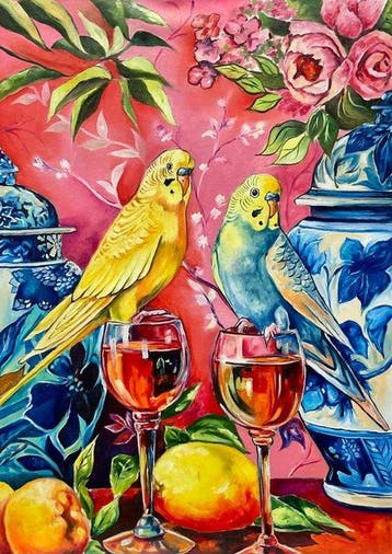 Camilo - Periquitos en Rosa: Armonía con vino y porcelana.