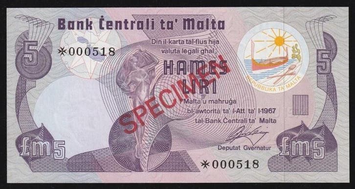 5 Pound ohne Jahr Malte Malta 5 Pfund Exemplar, Postzegels en Munten, Bankbiljetten | Europa | Niet-Eurobiljetten, Verzenden