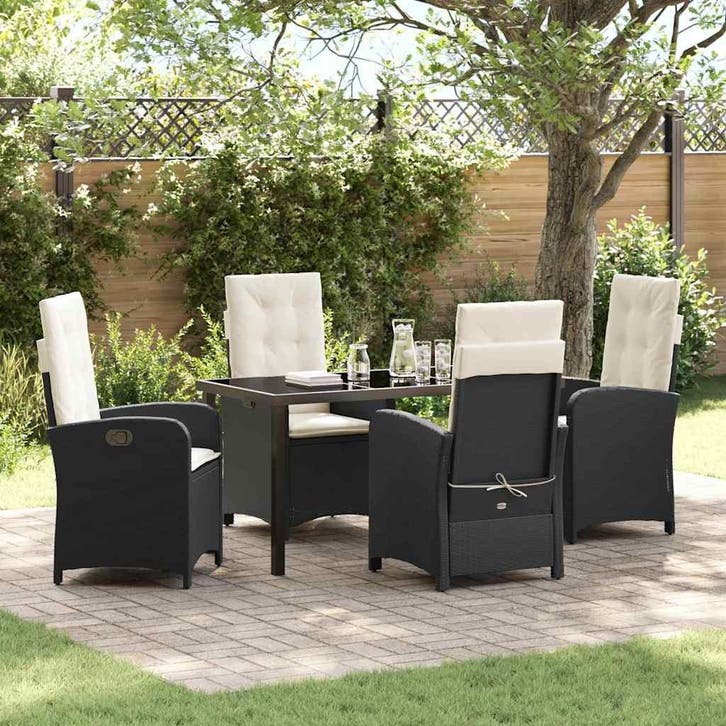 vidaXL Tuin eettafelset met kussen 5 pcs Zwart poly rattan, Tuin en Terras, Tuinsets en Loungesets, Nieuw, 5 zitplaatsen, Rotan