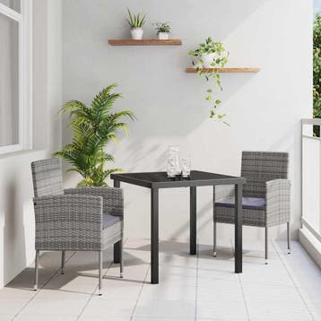 vidaXL Tuin eettafelset met kussen 3 pcs Grijs poly rattan, Tuin en Terras, Verzenden, Nieuw, Rotan, 3 zitplaatsen