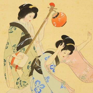 Woman Playing Shamisen and Woman Dancing Awa Odori - with, Antiek en Kunst