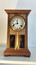 Tafelklok - Art Deco Messing, Glas, eikenhout-Junghans -