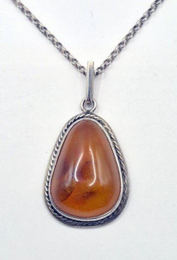 Barnsteen - Zilver, Art Deco - Ketting met hanger