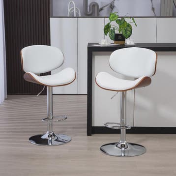 Set van 2 Verstelbare Barkrukken - Wit Kunstleer & Houtnerf, Verzenden, Nieuw