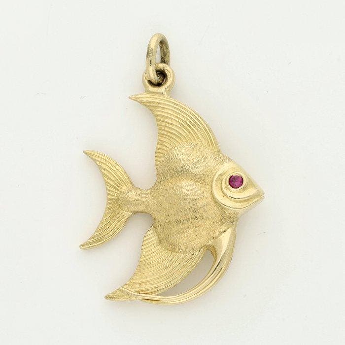 Hanger - 18 karaat Geel goud Robijn - Maanvis, Sieraden, Tassen en Uiterlijk, Antieke sieraden