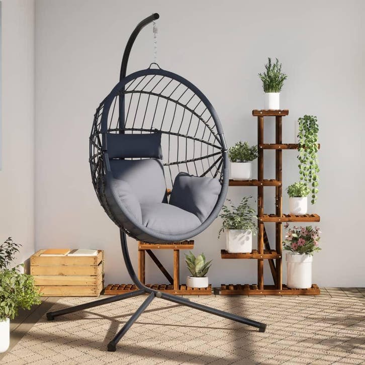 vidaXL Hangstoel met standaard rattan en staal lichtgrijs, Tuin en Terras, Tuinbanken, Nieuw, Verzenden