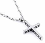 Lange heren ketting Cross zilverkleurig met kleine kruisjes, Verzenden, Nieuw, Zilver, Overige materialen