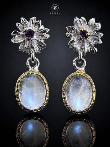 Maansteen- en amethistoorbellen - 925 sterling zilver -