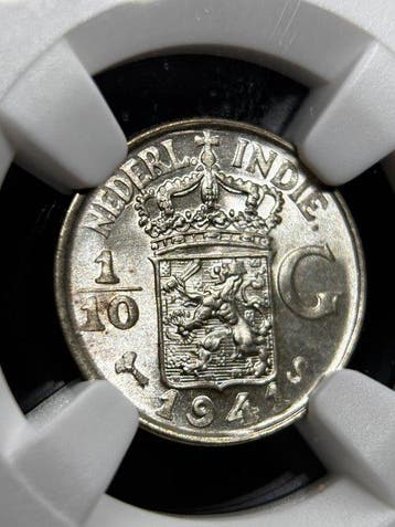 Nederlands-Indië. Wilhelmina. 1/10 Gulden 1941(S) NGC MS66, Postzegels en Munten, Munten | Nederland