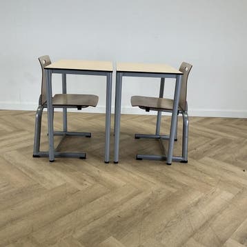 complete schoolset van 8 stoelen + 8 tafels, ahorn - grijs, Ophalen of Verzenden, Gebruikt, Hout, Eén