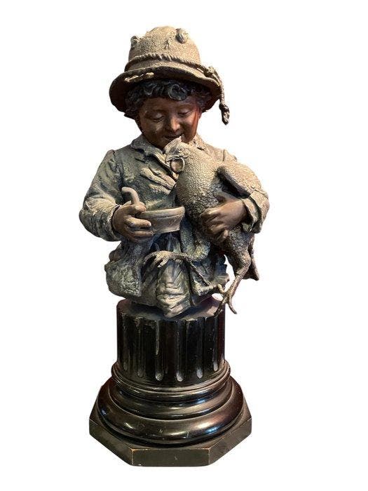 sculptuur, Giovane contadino con gallina - 48 cm -, Antiek en Kunst, Curiosa en Brocante