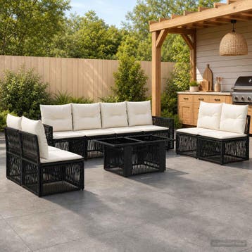 vidaXL Tuinbankenset 9 st Zwart en Cream Wit poly rattan, Verzenden, Nieuw
