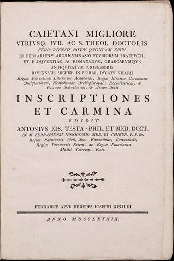 Caietani Migliore - Inscriptiones et Carmina - 1789