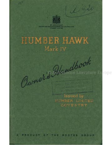 1952 HUMBER HAWK MARK IV INSTRUCTIEBOEKJE ENGELS