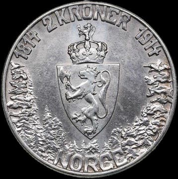 Noorwegen. Haakon VII. 2 Kroner 1914 / Mor Norge - 100th, Gestempeld