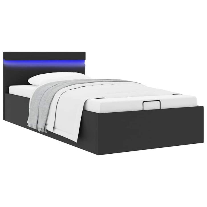 vidaXL Bedframe met opslag hydraulisch LED kunstleer zwart, Huis en Inrichting, Slaapkamer | Bedden, 90 cm, 200 cm, Zwart, Eenpersoons