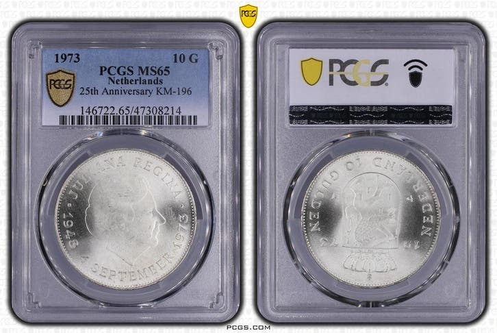 Koningin Juliana 10 gulden 1973 Jubileum MS65 PCGS, Postzegels en Munten, Munten | Nederland, Losse munt, 10 gulden, Koningin Juliana