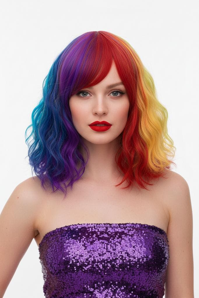 KIMU® Luxe Regenboog Korte Pruik Schouderlengte Schuine Pony, Kleding | Dames, Carnavalskleding en Feestkleding, Nieuw, Carnaval