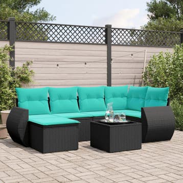 vidaXL 7-delige tuinbankset met kussens van zwart polyrotan, Verzenden, Nieuw
