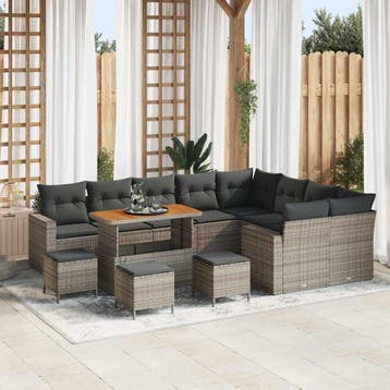 vidaXL Tuinbankenset met kussen 14 pcs Grijs poly rattan, Verzenden, Nieuw, Rotan, 4 zitplaatsen