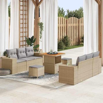 vidaXL Tuin Sofa Set met kussen 9 pcs Beige Poly riet, Verzenden, Nieuw, Rotan, Meer dan 8 zitplaatsen