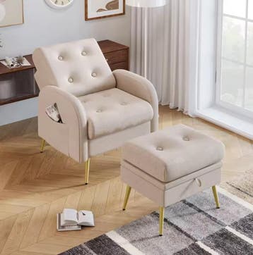 Nieuwe Beige Loungestoel met Kruk, Opbergruimte, Rugleuning, Huis en Inrichting, Stoelen, Verzenden, Nieuw